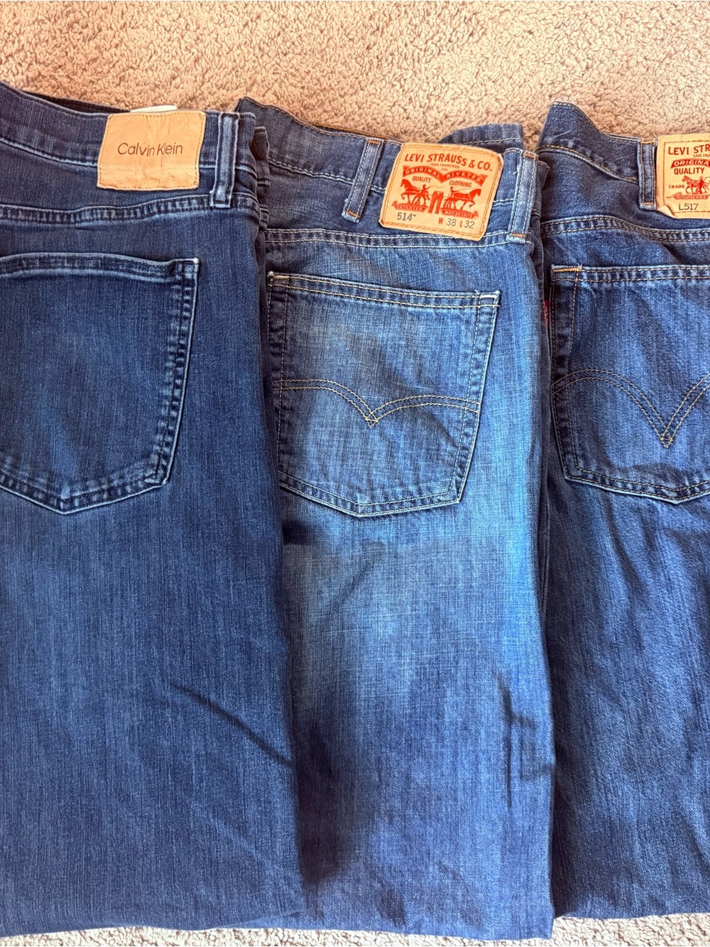 Men's Straight Jeans - Blue Denim, 2 Levi’s and 1 Calvin Klein. W38 X L32